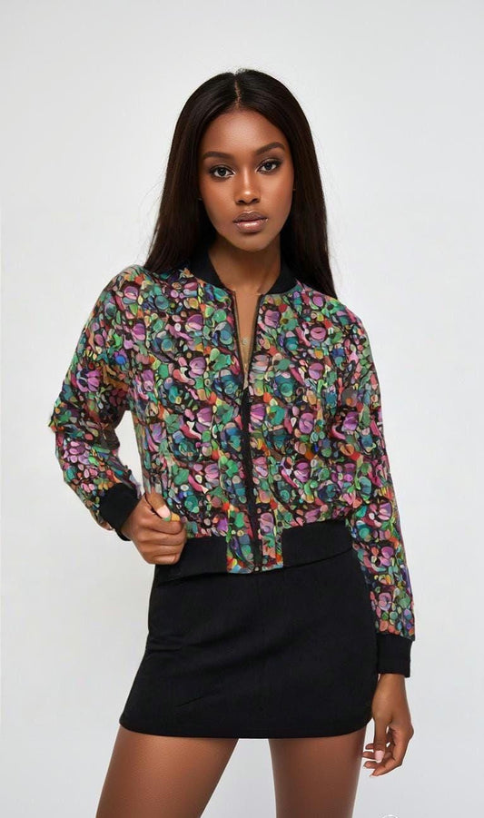 Colorful Women's Bomber Jacket, Trendy Outerwear, Fashion Statement, Layering Piece, Casual Style