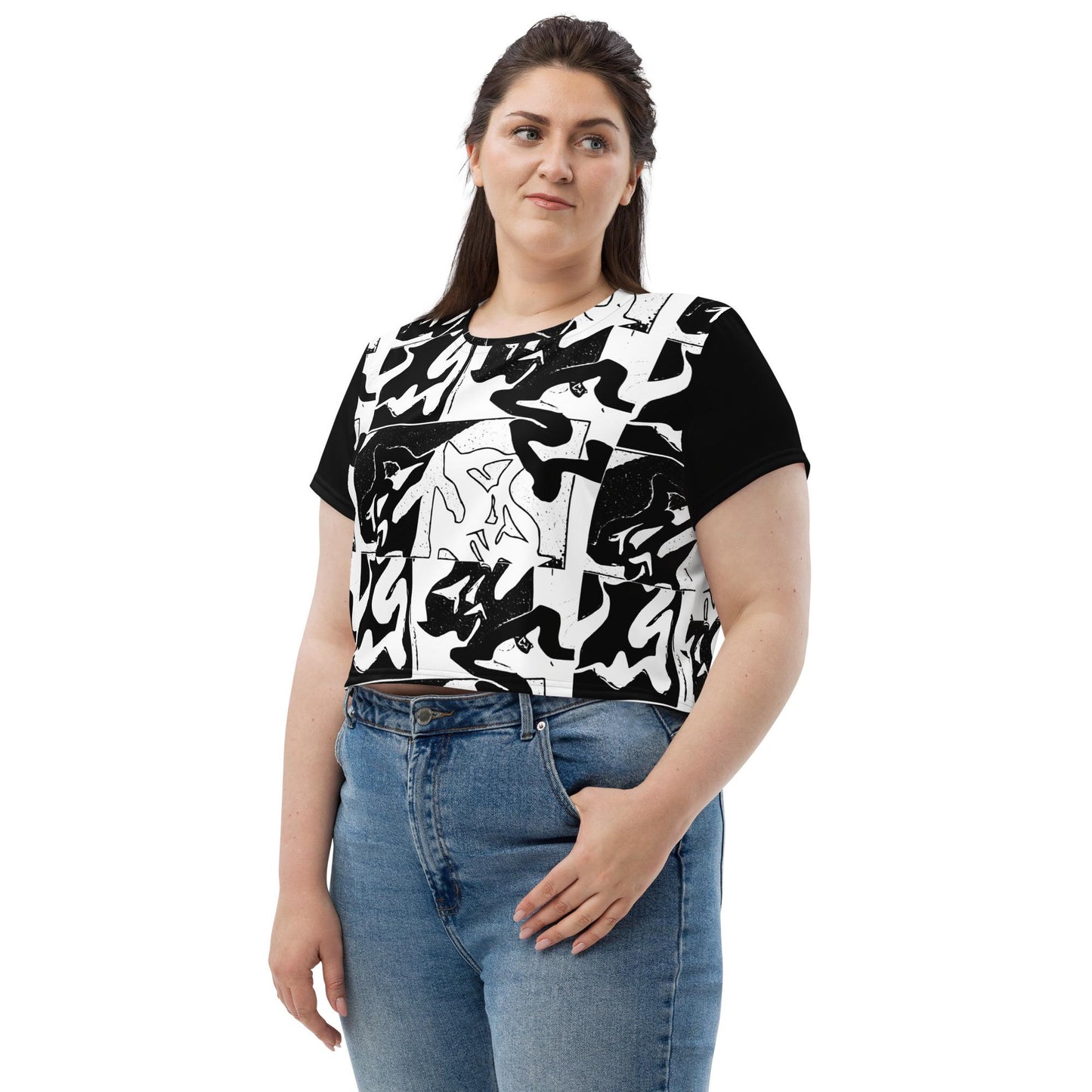 Monochrome Crop Top - Abstract Print, Stylish Knit Jersey