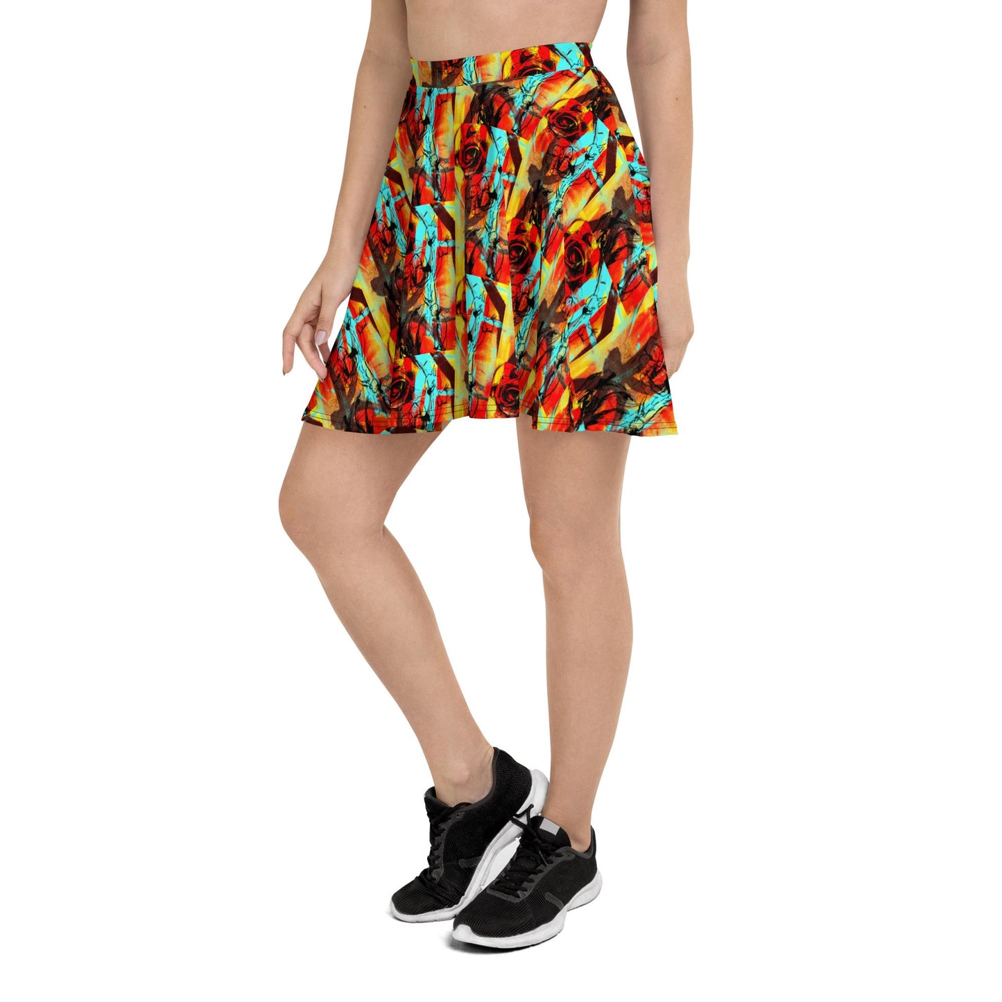 Abstract Floral Skater Skirt: Bright Colors, Elastic Waist