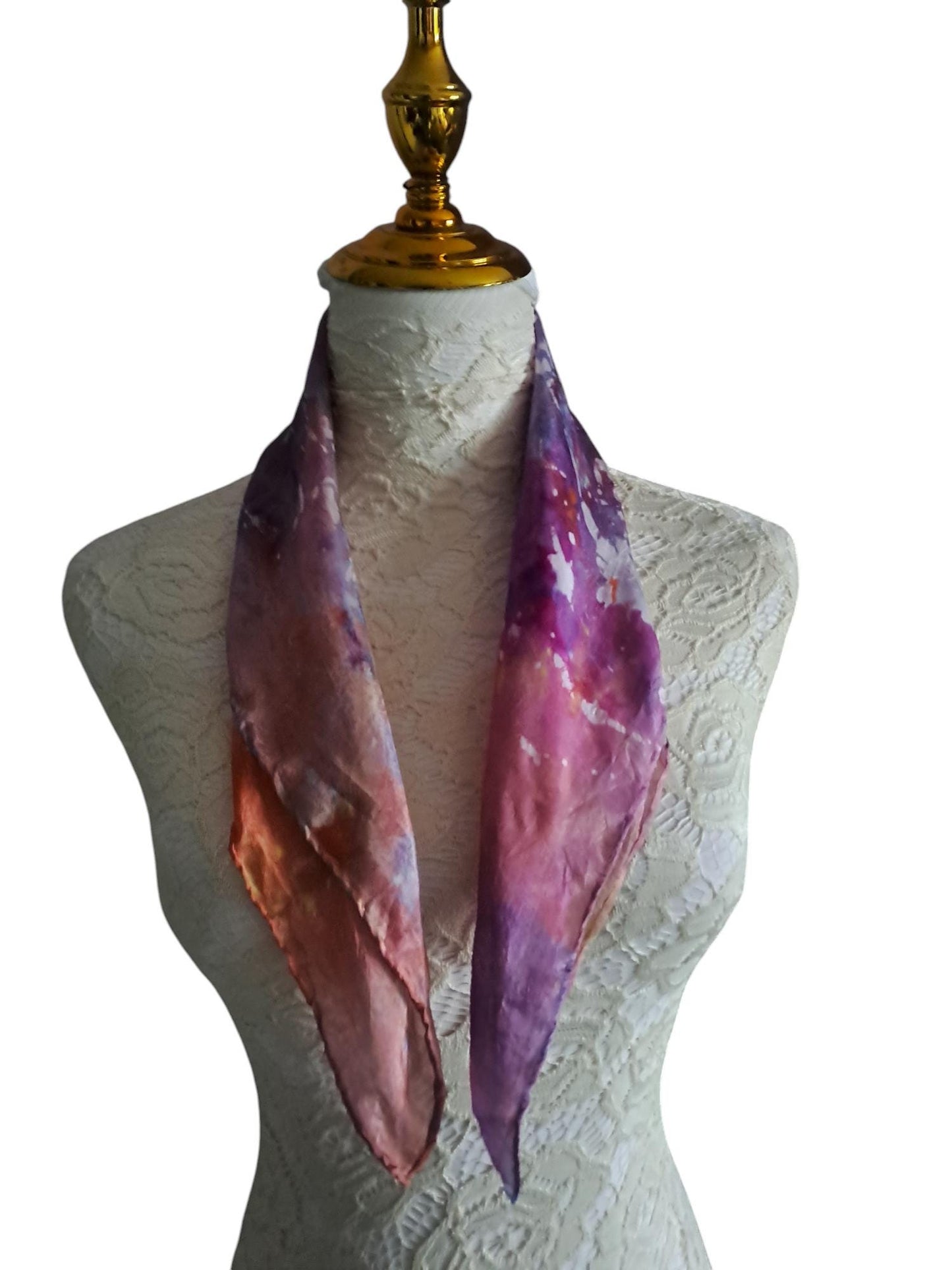 batik silk scarf- orange and purple neckerchief small gift for a loved one.