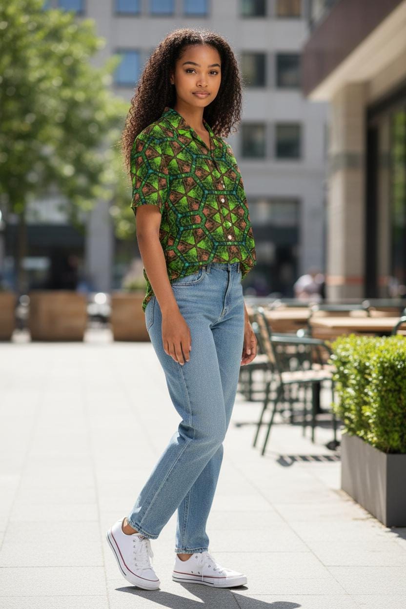 Green and Orange Button Shirt – Casual Vintage, Wrinkle-Free Comfort
