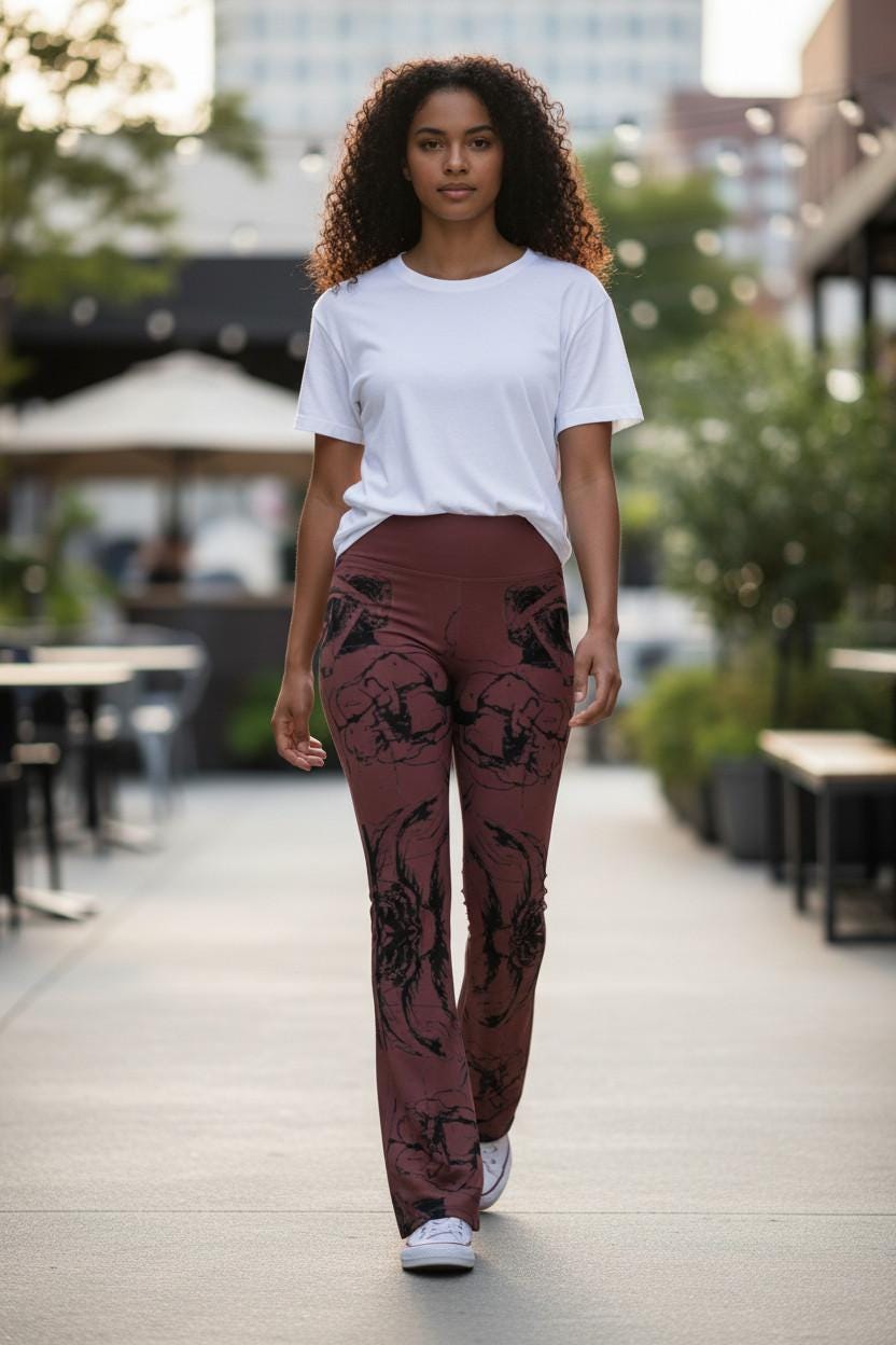 Flare Leggings: Dark Brown Floral High-Waisted Trousers, Casual Fitted Wide-Leg Pants for Hipster Style