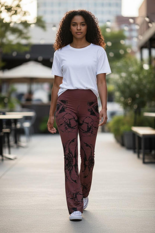 Flare Leggings: Dark Brown Floral High-Waisted Trousers, Casual Fitted Wide-Leg Pants for Hipster Style