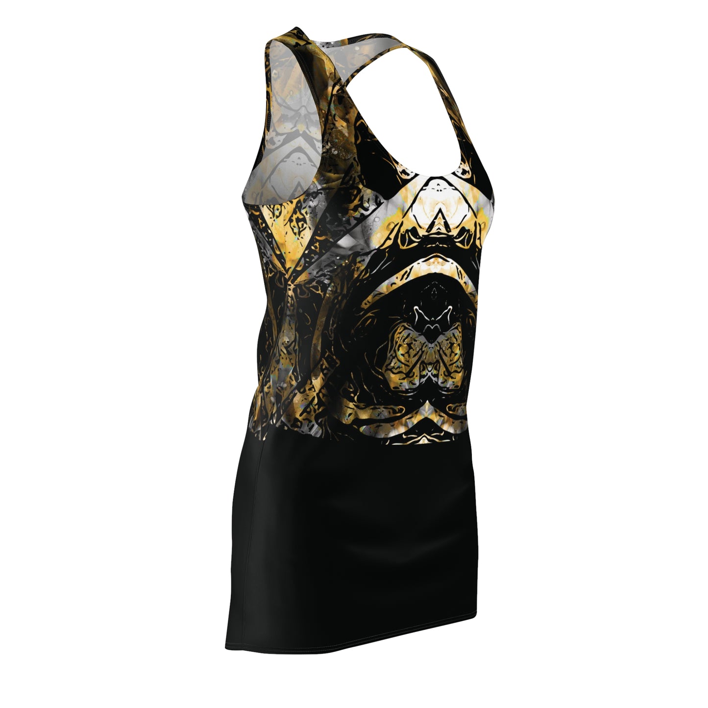 Abstract Gold & Black Racerback Dress – Symmetrical Marbled AOP