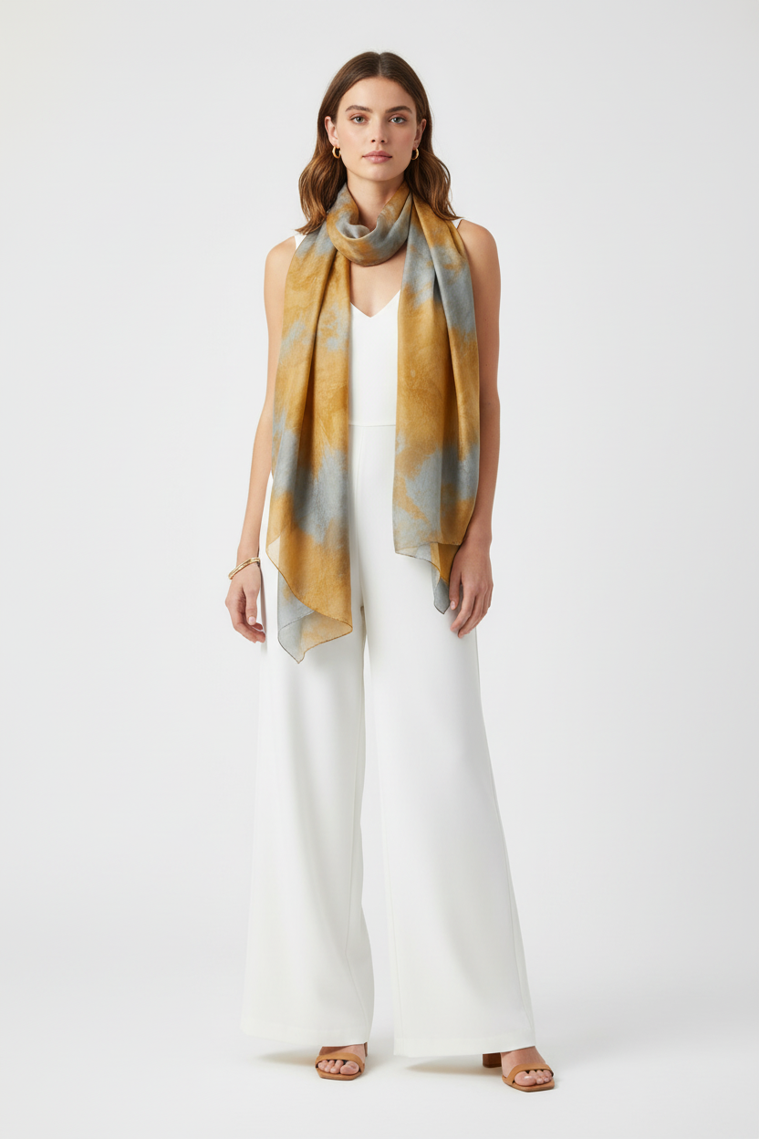 Golden Orange Ice-Dyed Silk Scarf: Lightweight Travel Shawl