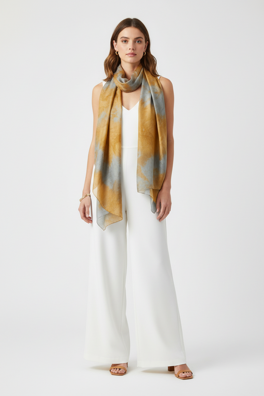 Golden Orange Ice-Dyed Silk Scarf: Lightweight Travel Shawl