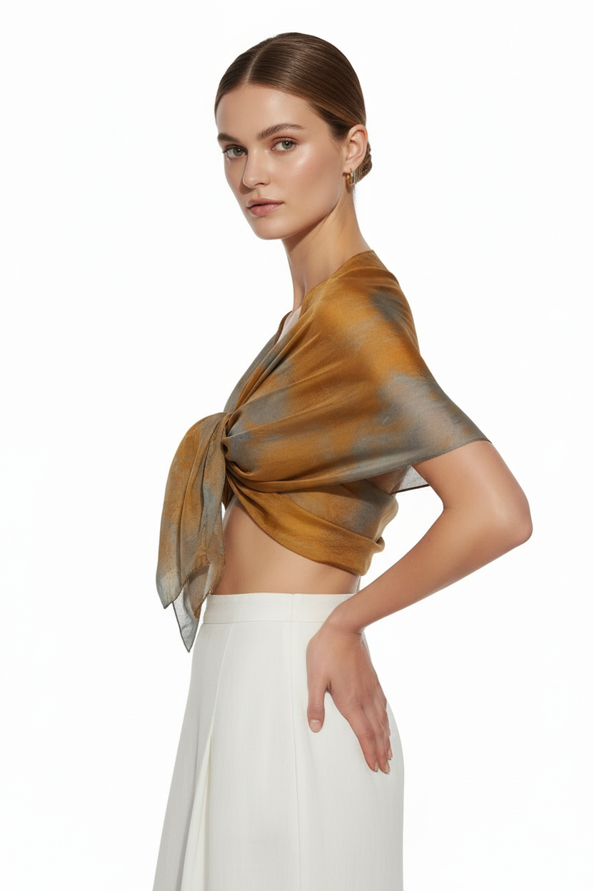 Golden Orange Ice-Dyed Silk Scarf: Lightweight Travel Shawl