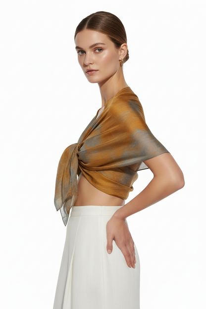 Golden Orange Ice-Dyed Silk Scarf: Lightweight Travel Shawl