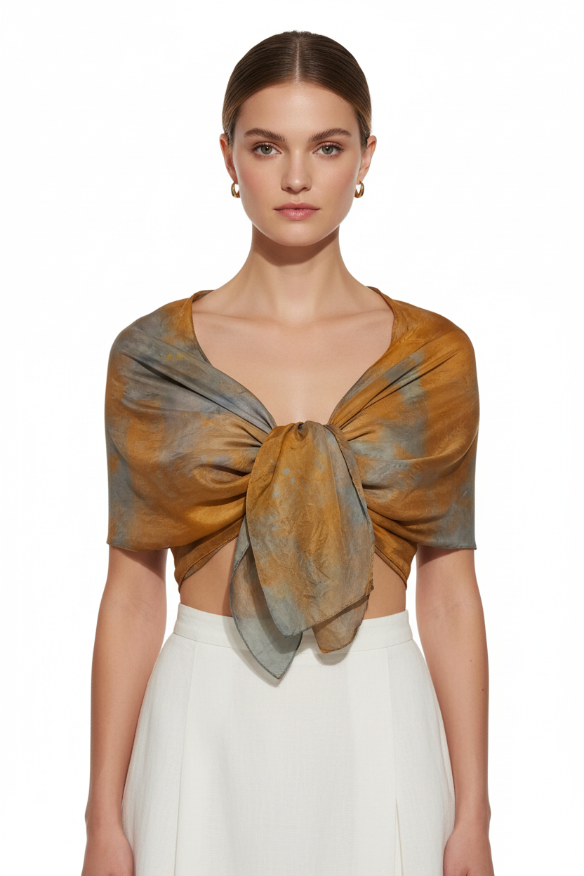 Golden Orange Ice-Dyed Silk Scarf: Lightweight Travel Shawl
