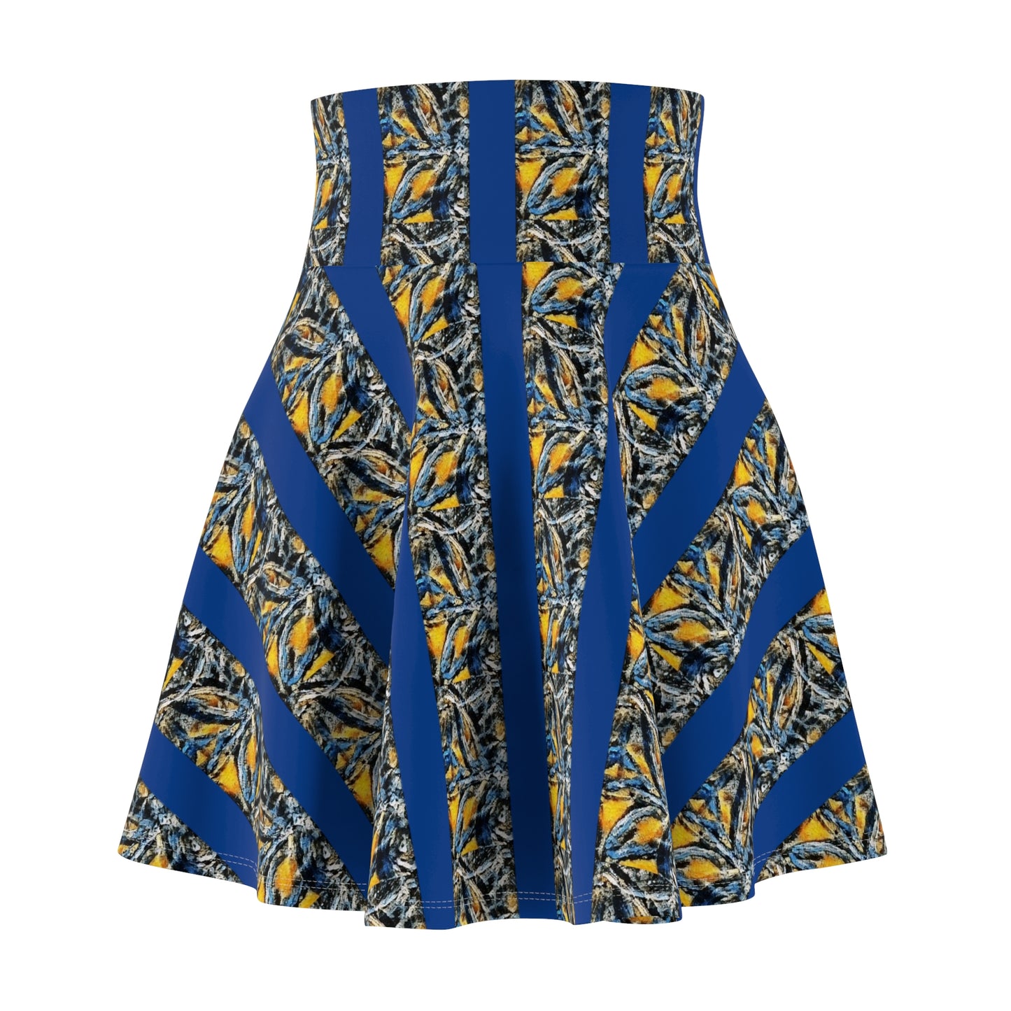 Blue & Gold Abstract Stripe Skater Skirt — Floral Geometric AOP