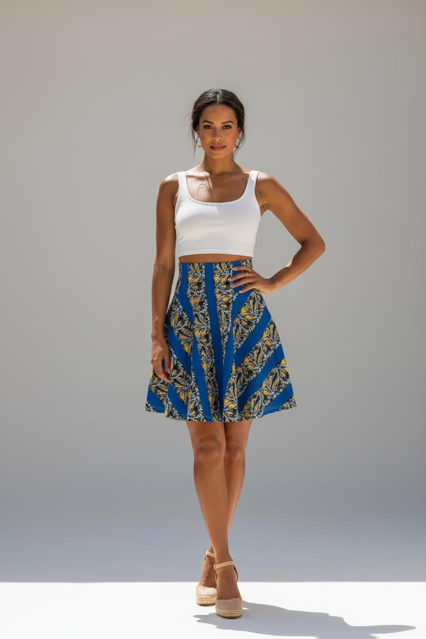 Blue & Gold Abstract Stripe Skater Skirt — Floral Geometric AOP