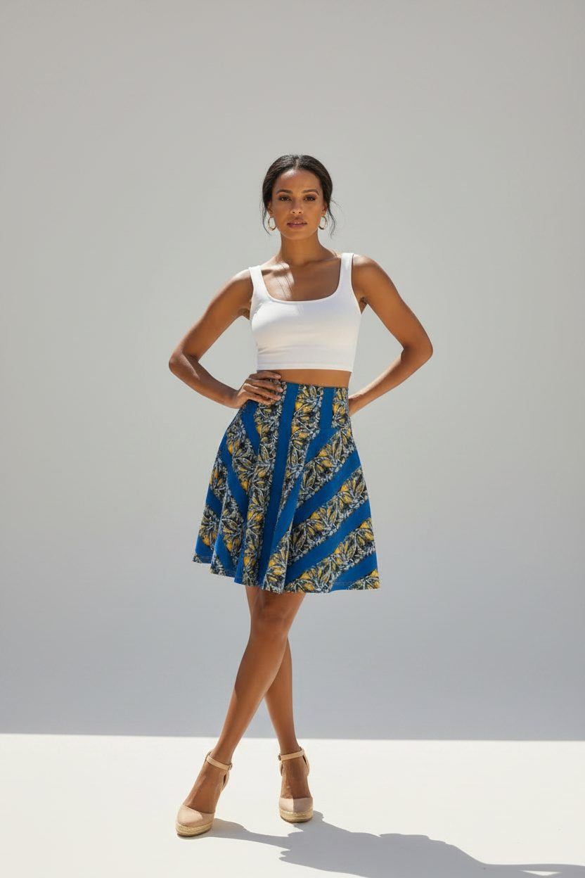 Blue & Gold Abstract Stripe Skater Skirt — Floral Geometric AOP