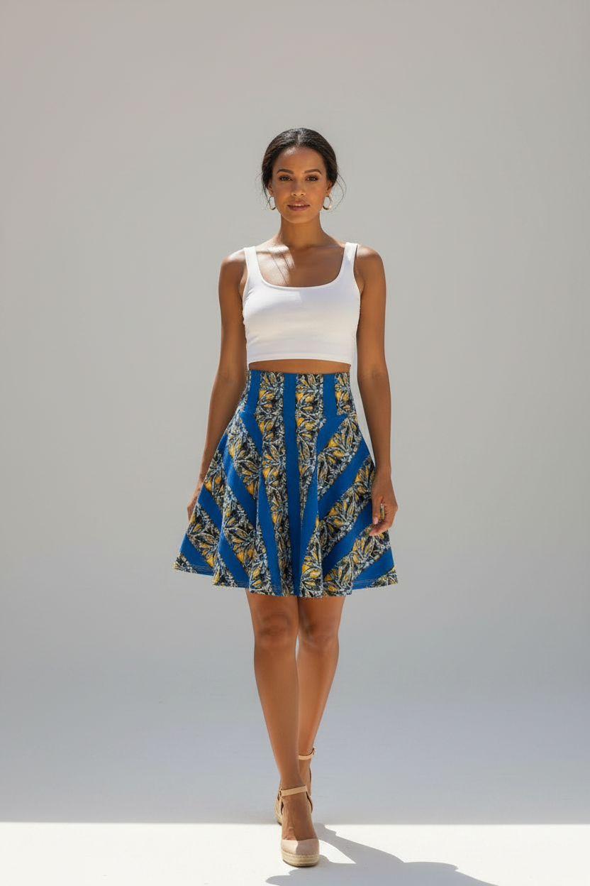 Blue & Gold Abstract Stripe Skater Skirt — Floral Geometric AOP