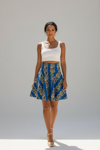 Blue & Gold Abstract Stripe Skater Skirt — Floral Geometric AOP
