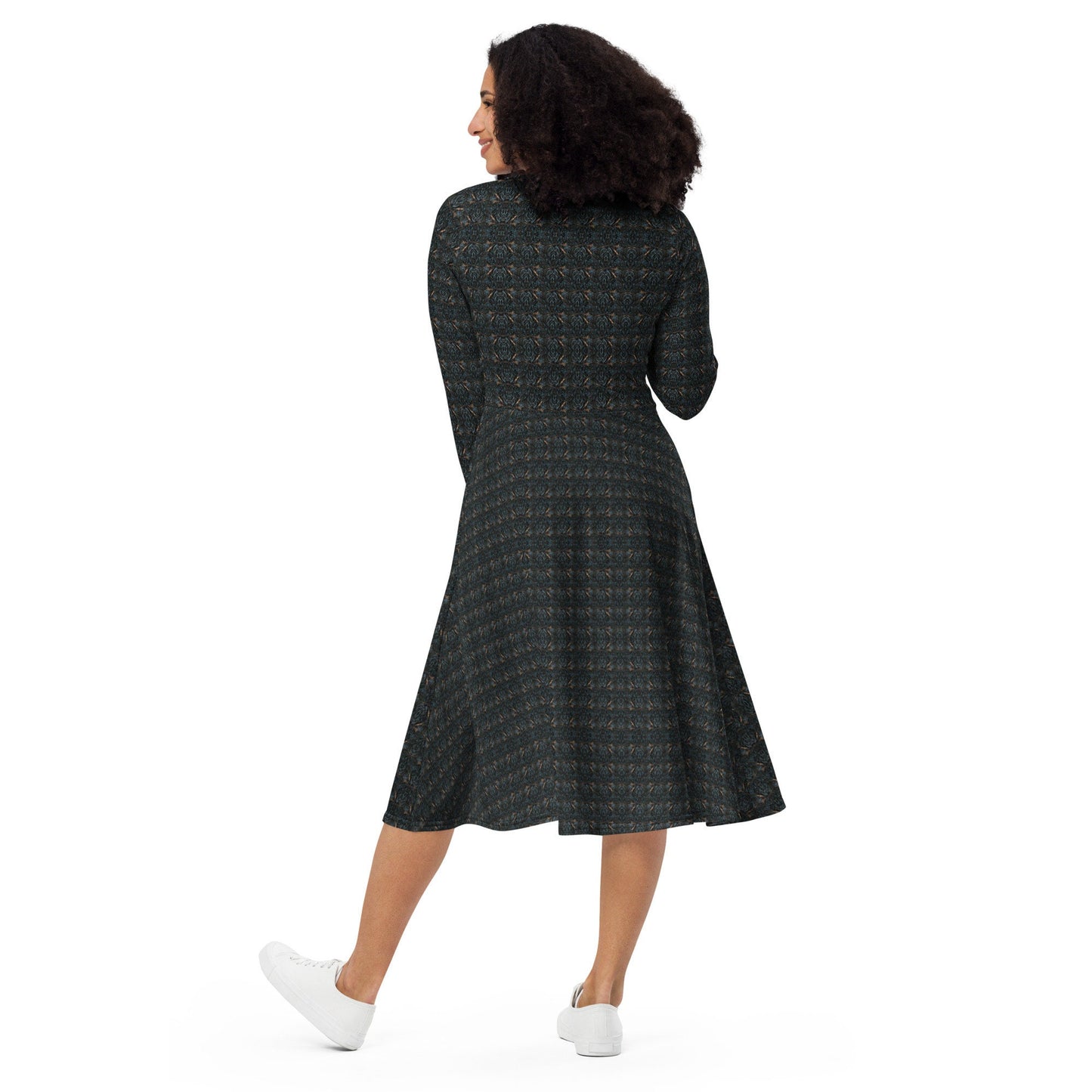 Navy Blue Marble Knit Midi Dress | Long Sleeve Party Gown