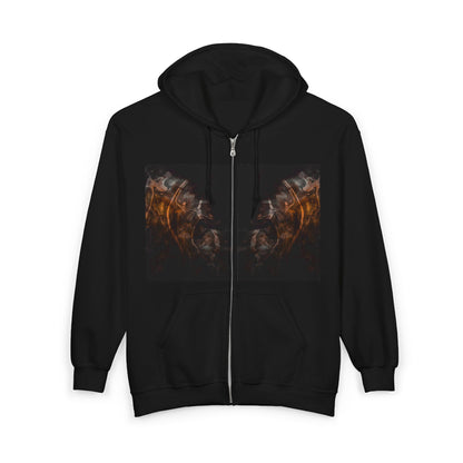 Flame Wings Zip Hoodie — Smoky Fire Angel Graphic Full-Zip Sweatshirt