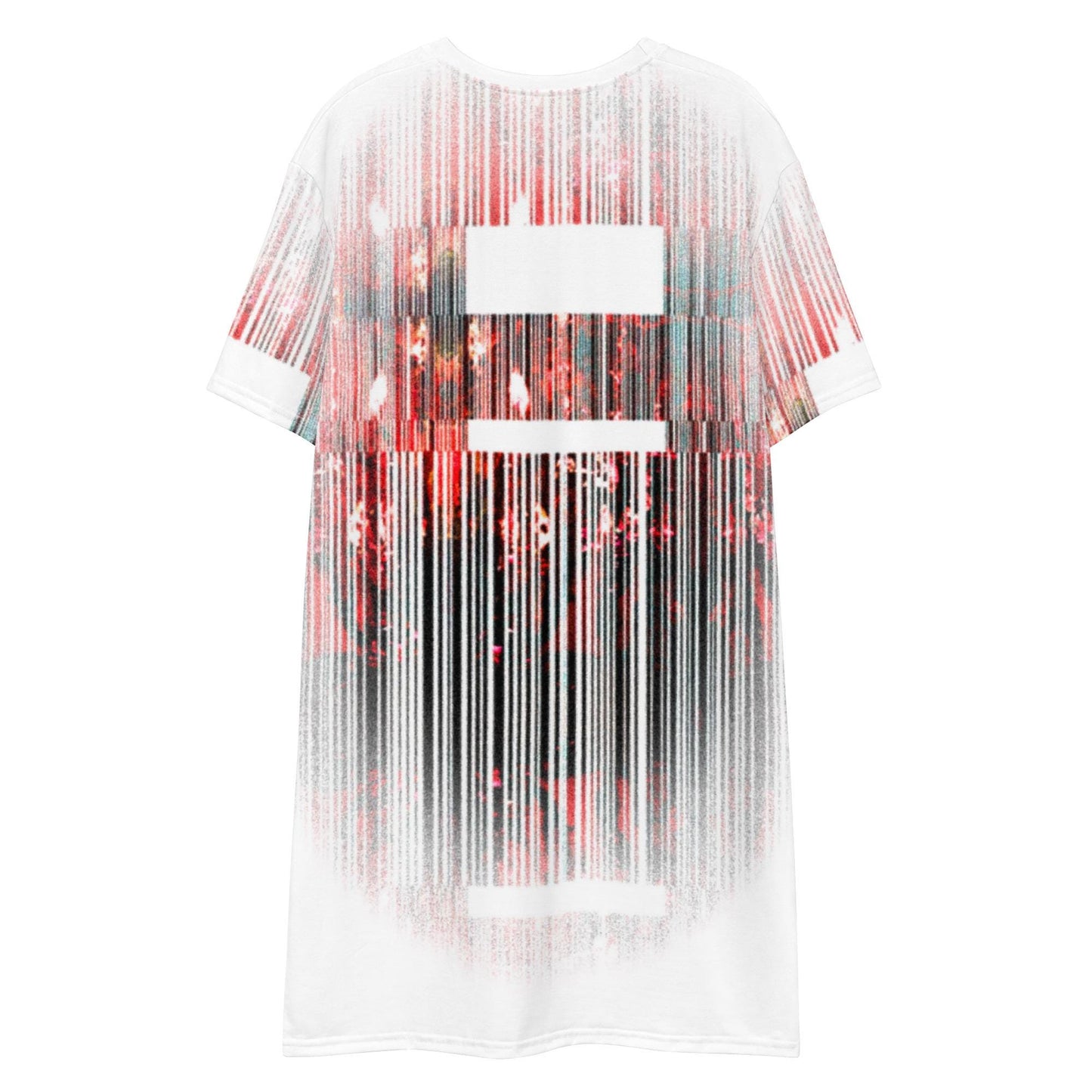 Barcode Print T-Shirt Dress: Oversized Red & White Ombré Design