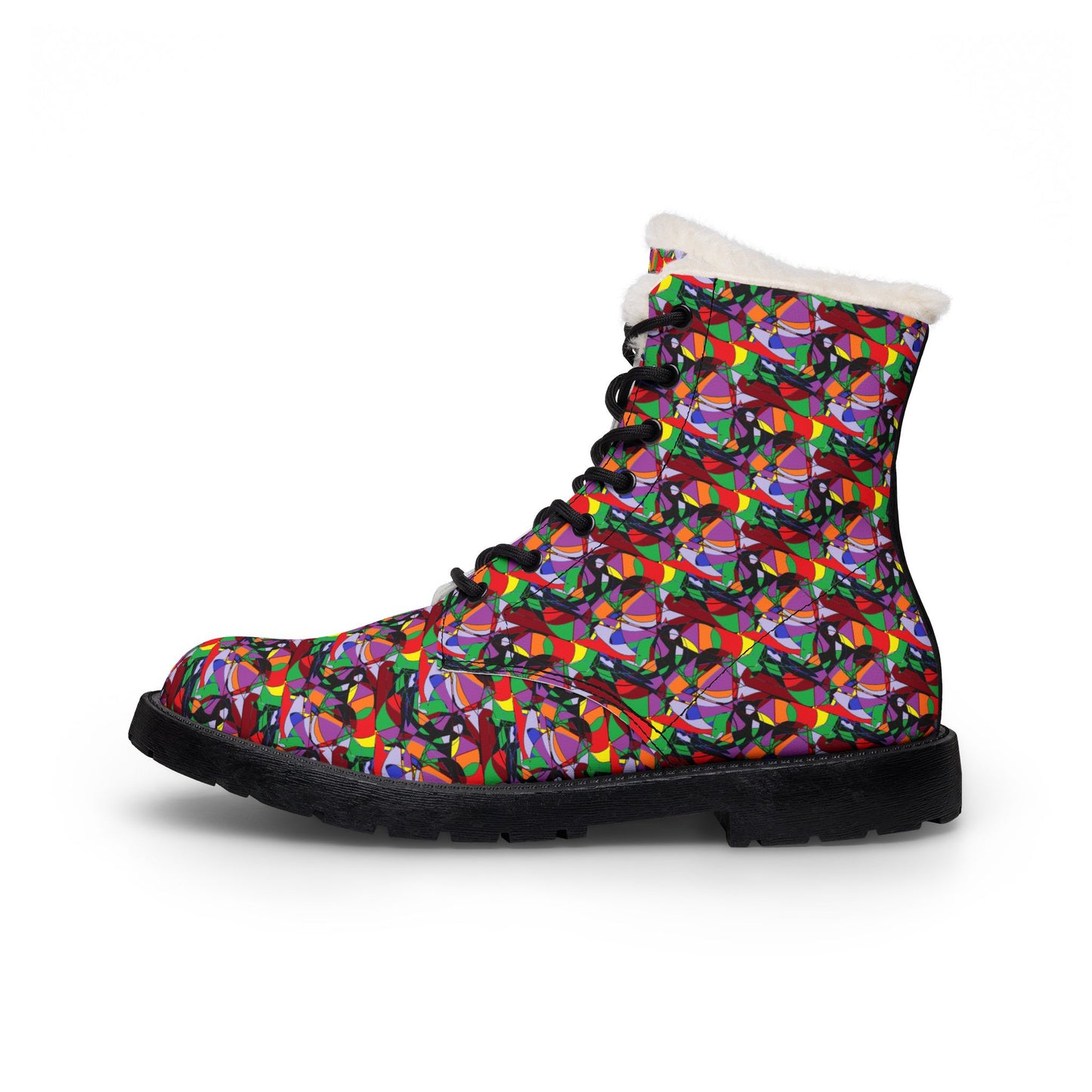 Colorful Geometric Fur-Lined Leather Boots — Women's Winter Ankle Boots
