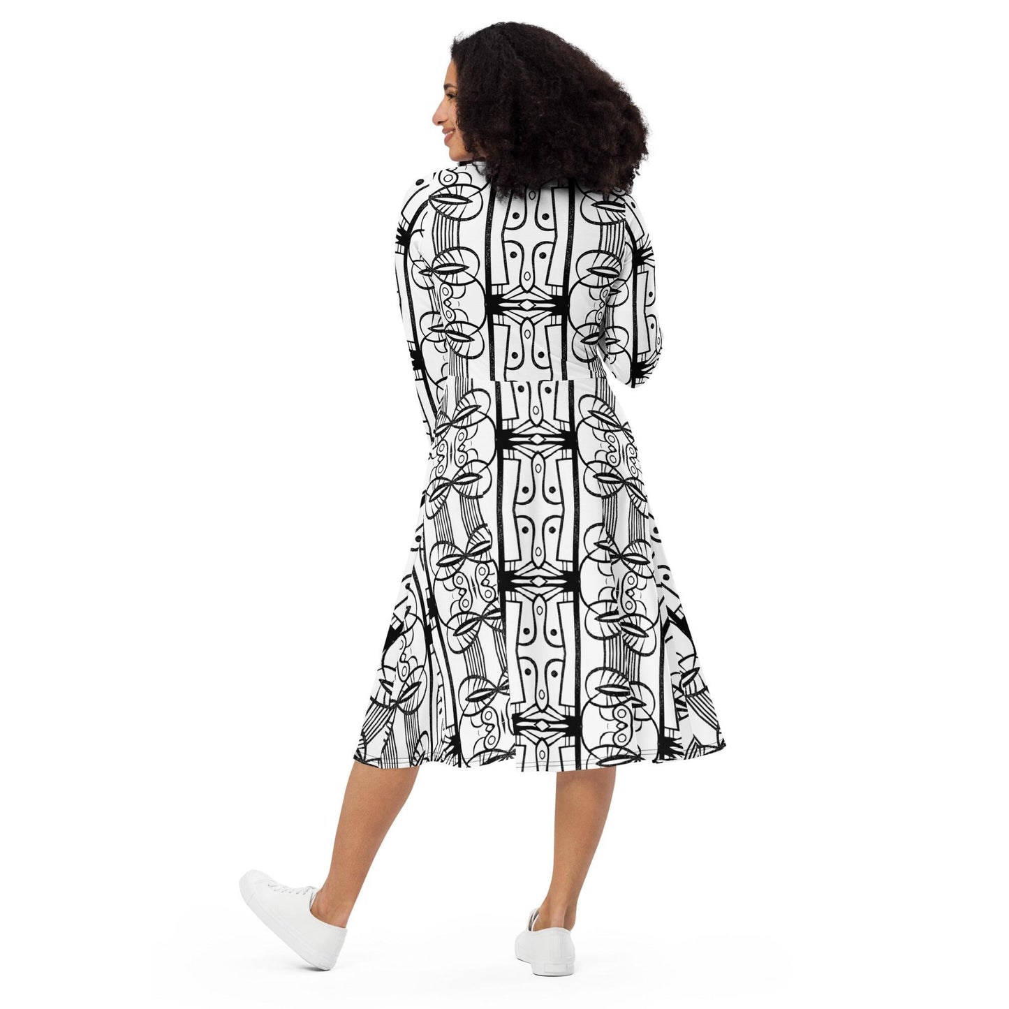 long sleeve midi dress abstract black and white print, casual dress