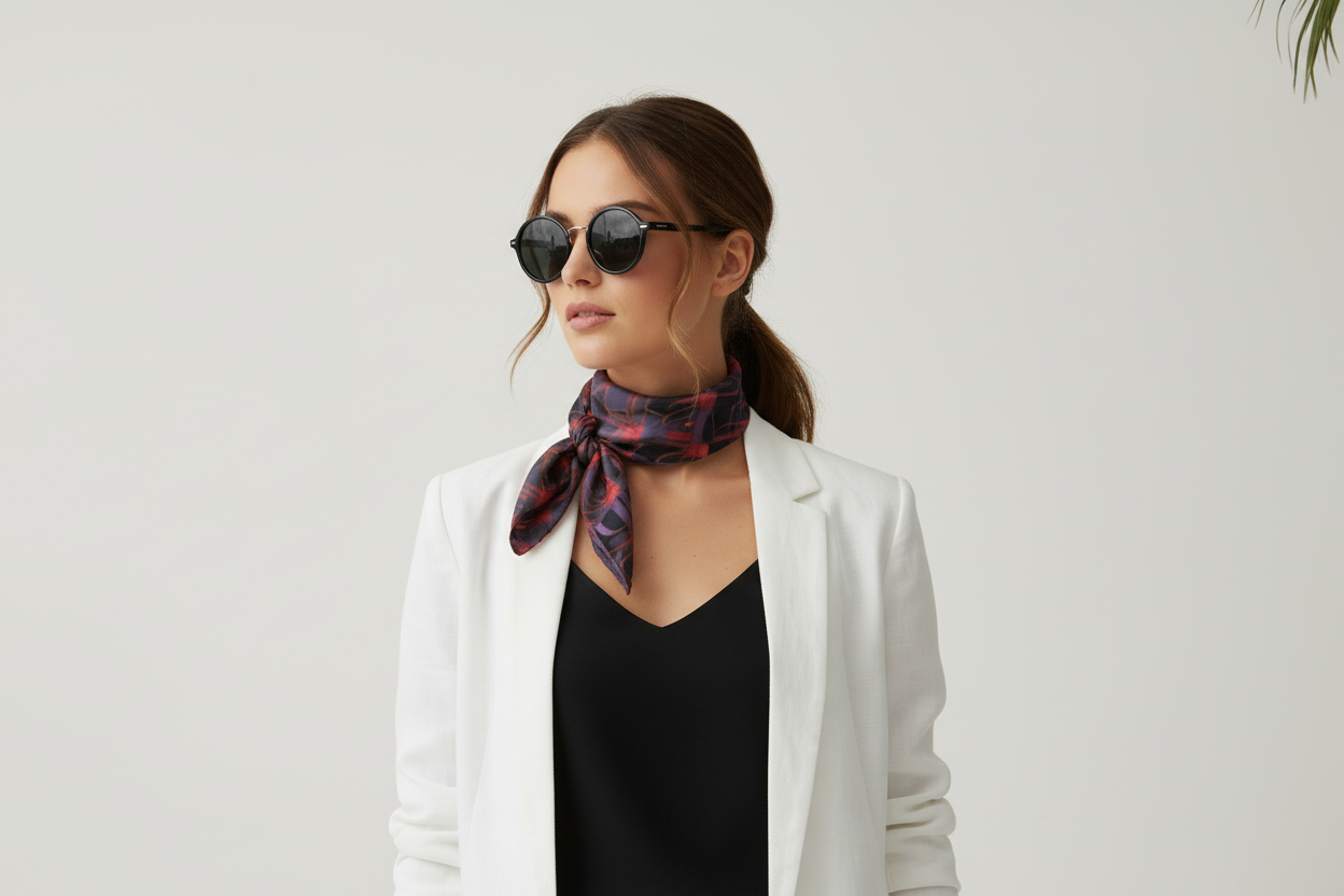 Geometric Red & Black Silk Scarf - Modern Abstract Pattern