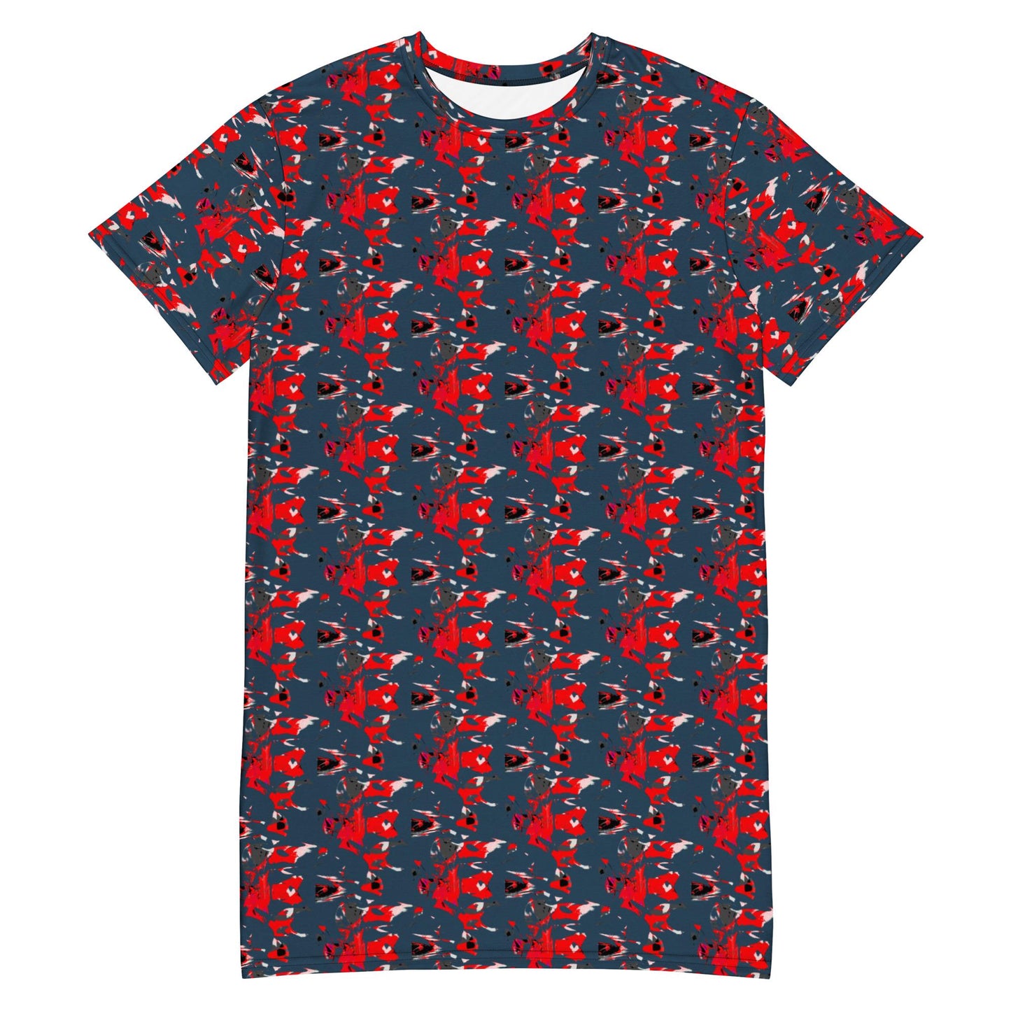 Blue Floral T-Shirt Dress: Red Abstract Print, Soft Cotton Blend