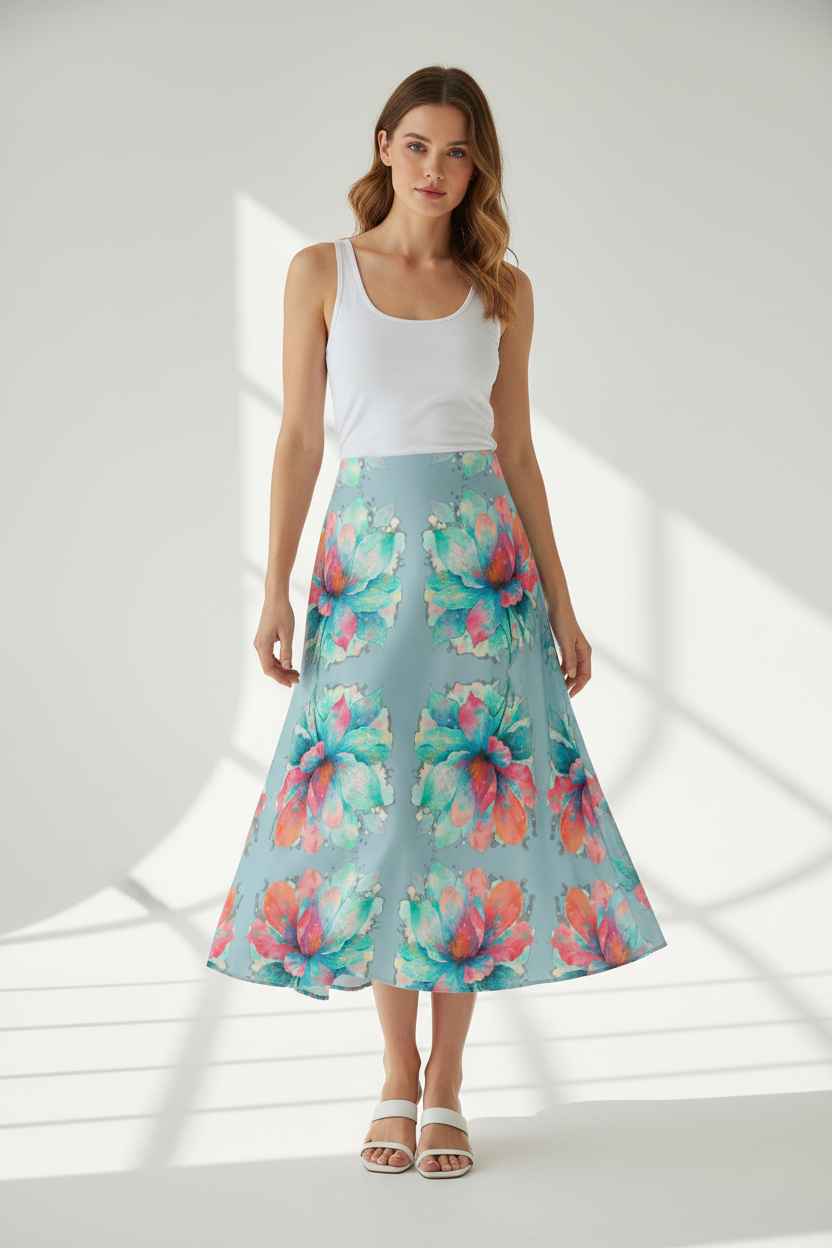 Midi Skirt- bubblegum blue floral skirt, elegant skirt
