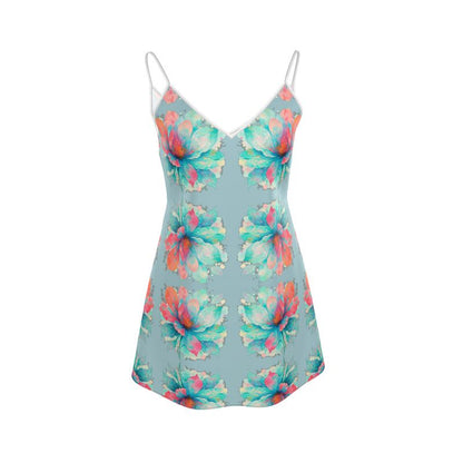 Misty Azure Watercolor Slip Dress - Resort Wear Summer Vacation Dress