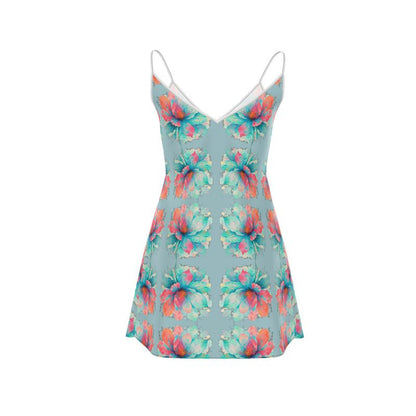 Misty Azure Watercolor Slip Dress - Resort Wear Summer Vacation Dress