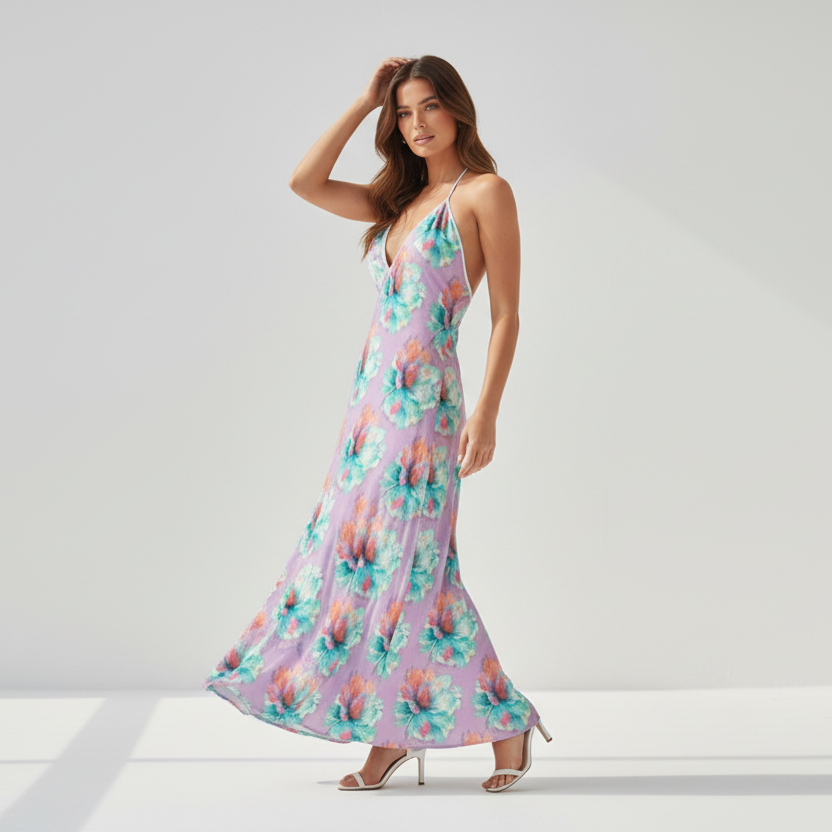 Purple Pink Floral Halterneck Dress - Summer Resort Vacation Beachwear