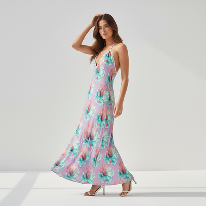 Purple Pink Floral Halterneck Dress - Summer Resort Vacation Beachwear
