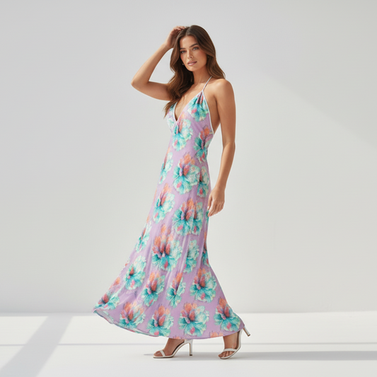 Purple Pink Floral Halterneck Dress - Summer Resort Vacation Beachwear