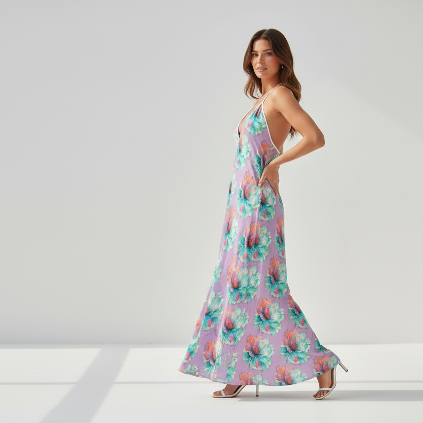 Purple Pink Floral Halterneck Dress - Summer Resort Vacation Beachwear