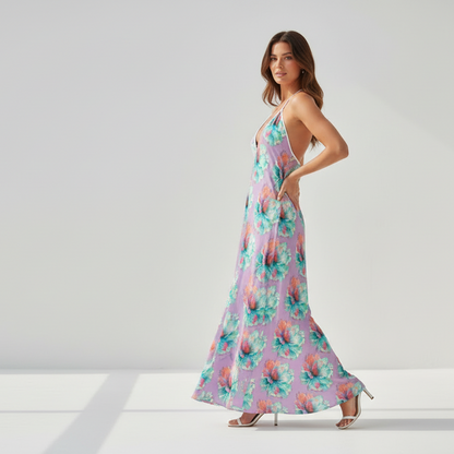 Purple Pink Floral Halterneck Dress - Summer Resort Vacation Beachwear