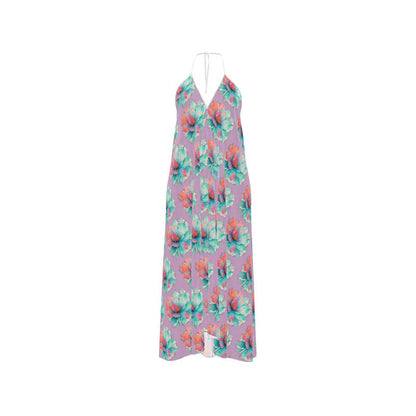 Purple Pink Floral Halterneck Dress - Summer Resort Vacation Beachwear