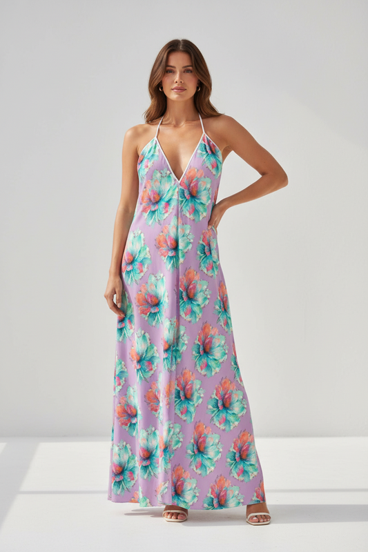 Purple Pink Floral Halterneck Dress - Summer Resort Vacation Beachwear