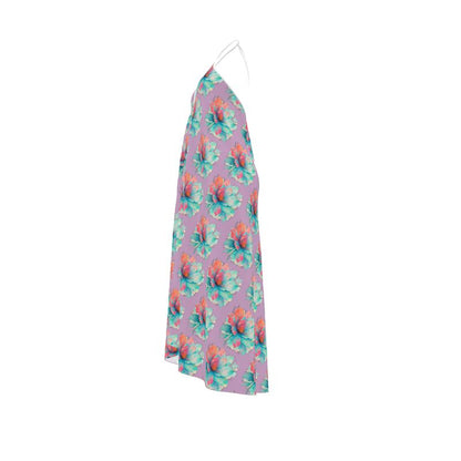 Purple Pink Floral Halterneck Dress - Summer Resort Vacation Beachwear