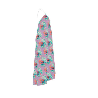 Purple Pink Floral Halterneck Dress - Summer Resort Vacation Beachwear