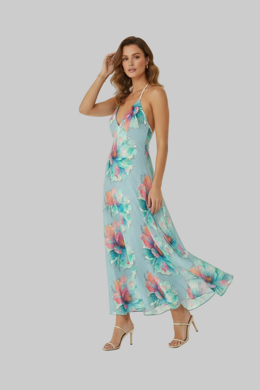 Halterneck backless dress in baby blue floral