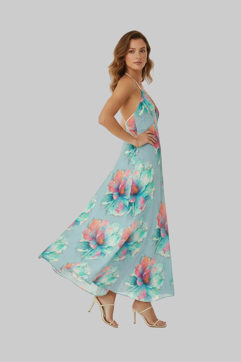 Halterneck backless dress in baby blue floral