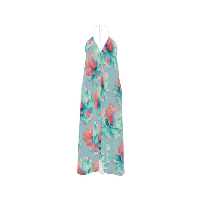Halterneck backless dress in baby blue floral