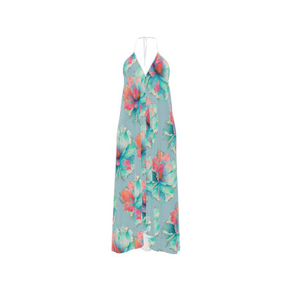 Halterneck backless dress in baby blue floral