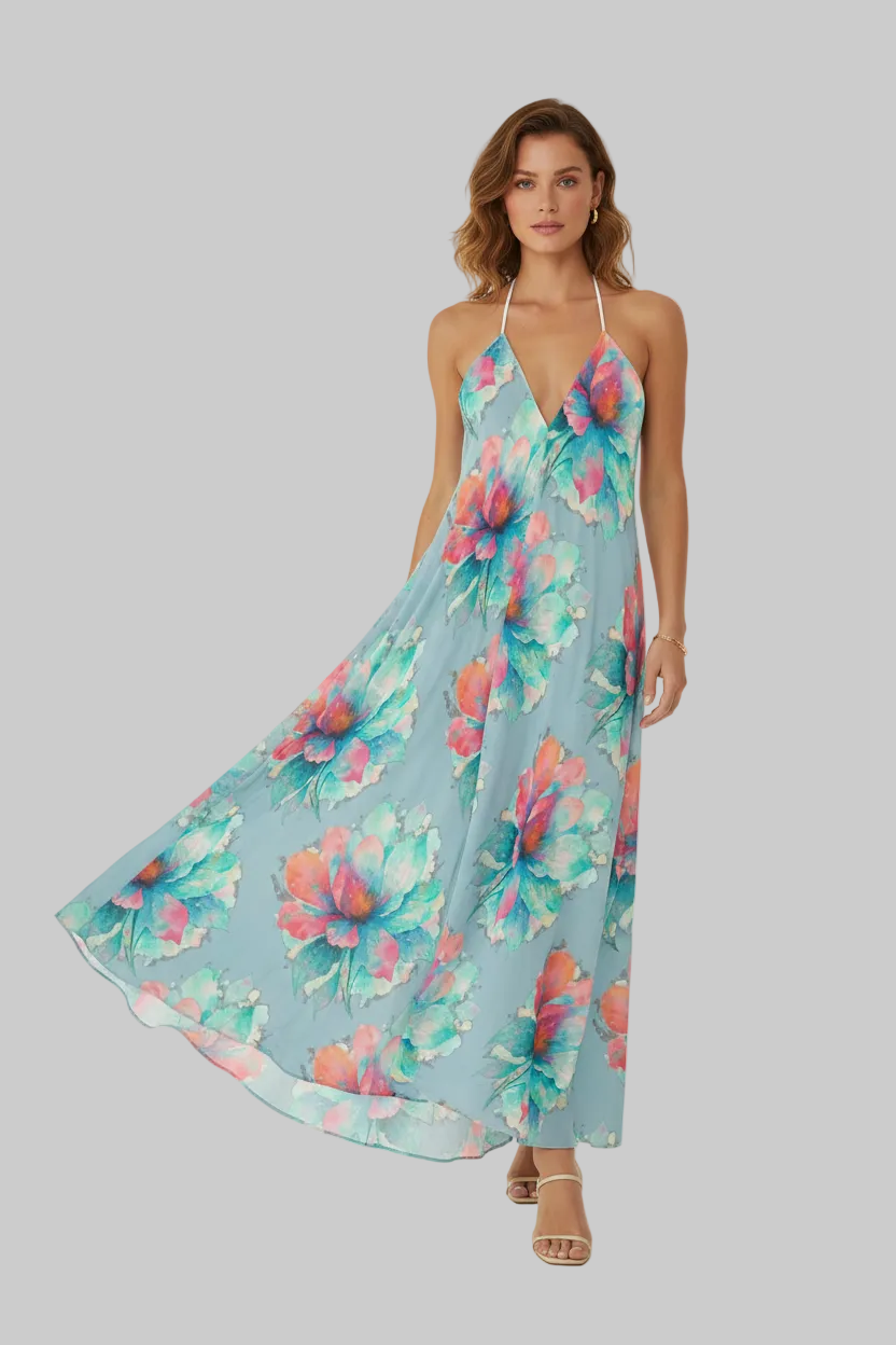 Halterneck backless dress in baby blue floral
