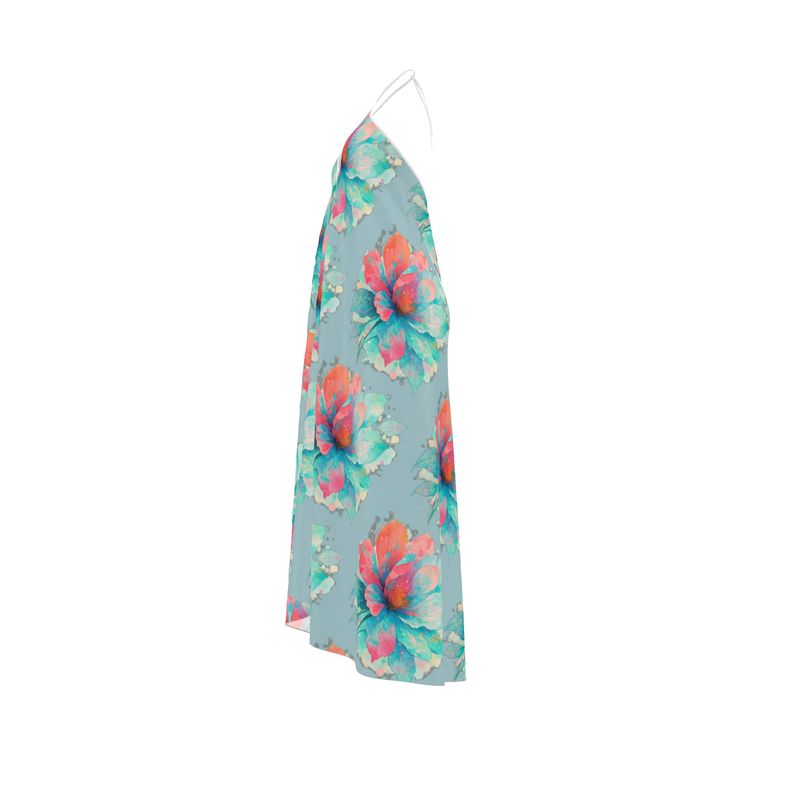 Halterneck backless dress in baby blue floral