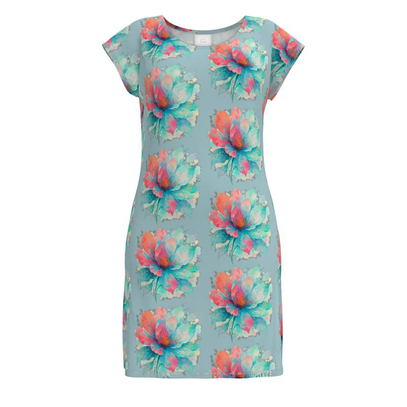 Misty Azure Watercolor T-Shirt Dress-Ladies Tunic T Shirt