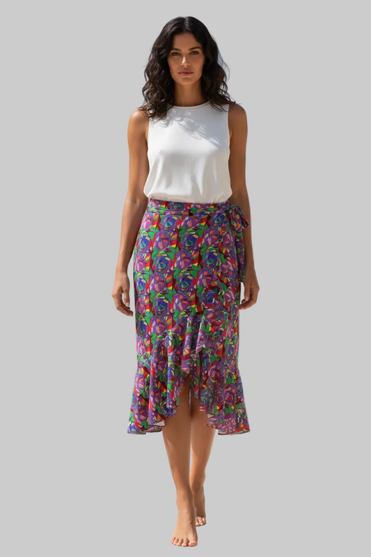 Flounce Skirt- Abstract Print Ruffle Wrap Midi Skirt