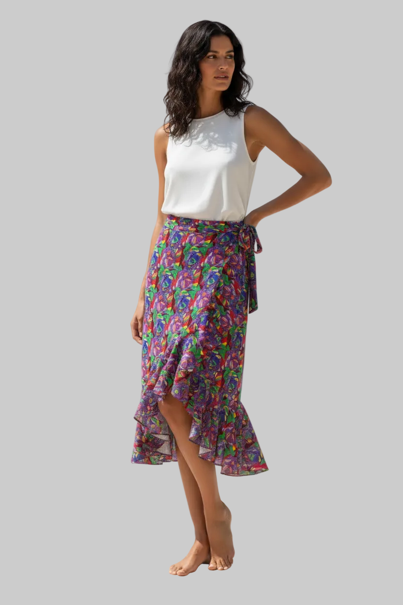 Flounce Skirt- Abstract Print Ruffle Wrap Midi Skirt