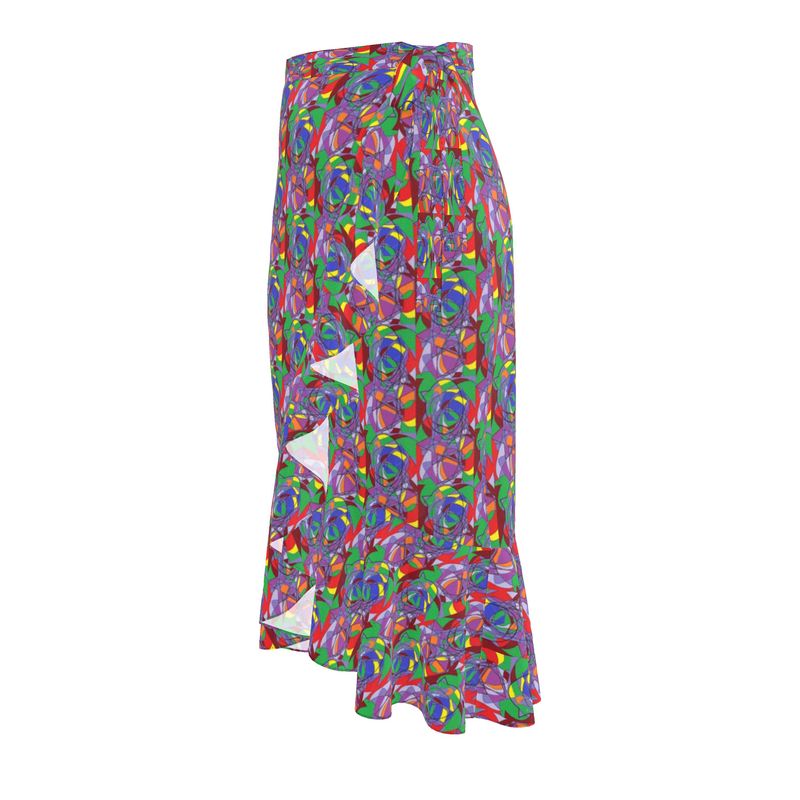 Flounce Skirt- Abstract Print Ruffle Wrap Midi Skirt