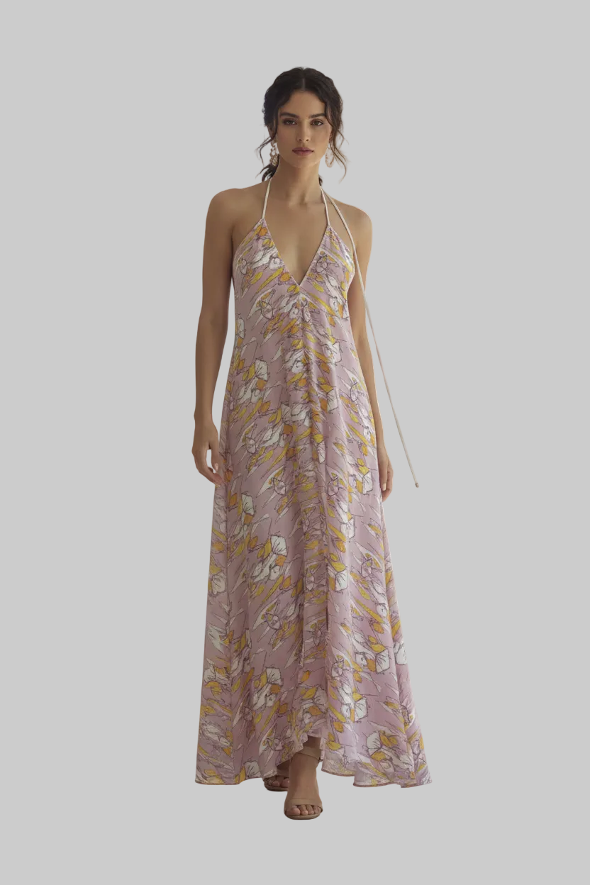 Halterneck backless dress - Lilac Graphic Print Ruffle Wrap dress