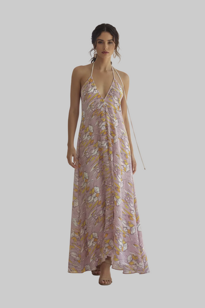 Halterneck backless dress - Lilac Graphic Print Ruffle Wrap dress