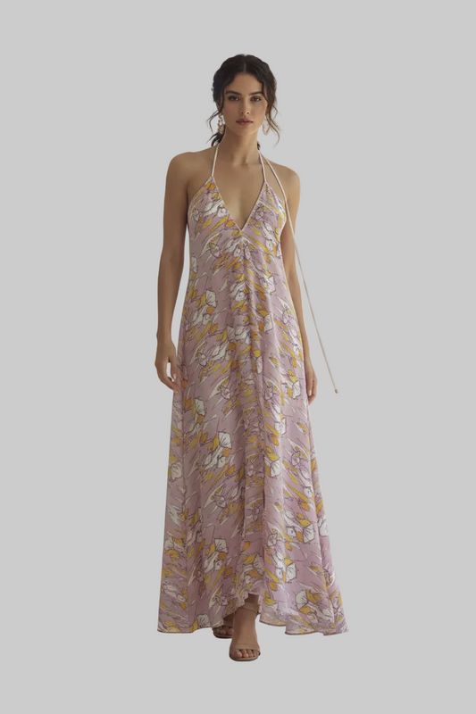 Halterneck backless dress - Lilac Graphic Print Ruffle Wrap dress